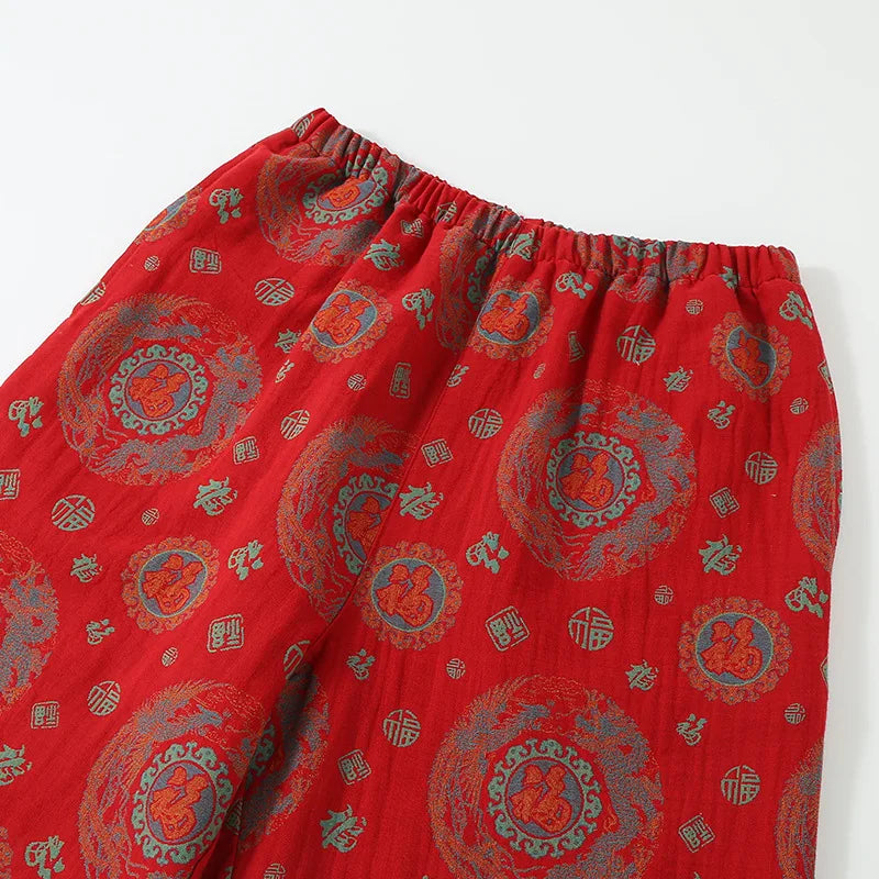 National Style Cotton Double-layer Gauze Women's Pajamas Set for New Year Red Plate Buckle Festival Style Home Clothes