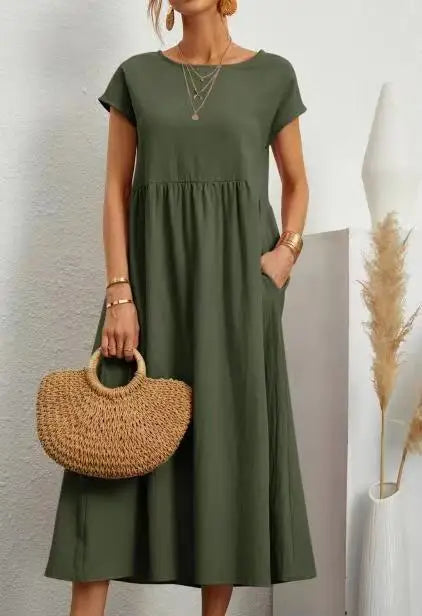 Women Vintage Solid Dress Summer Elegant O Neck Short Sleeve Cotton Linen Dresses Female Casual Loose Sundress Long Dress