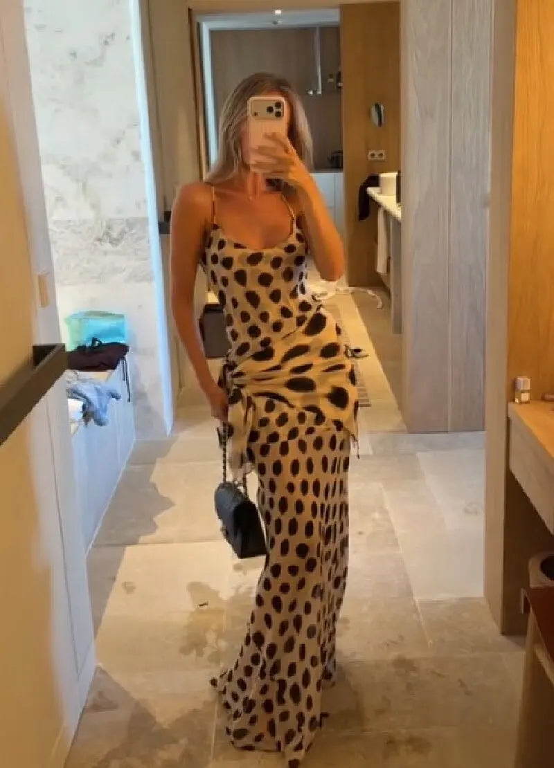 Elegant Animal Print Maxi Dress Detachable Scarf Spaghetti Strap Tie Waist Slim Fit Skirt Women Summer Party Vacation Outfit New