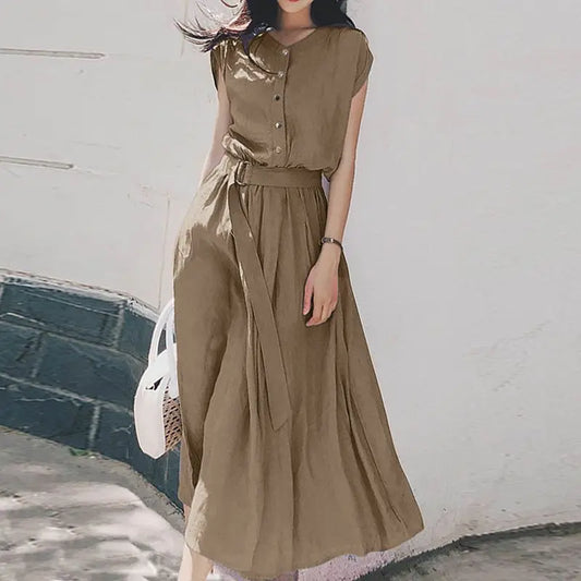 Women Fashion Short Sleeve Dress Summer Elegant Party Vestidos Casual Mid-calf Sundress Femme Vintage OL Robe Kaftan