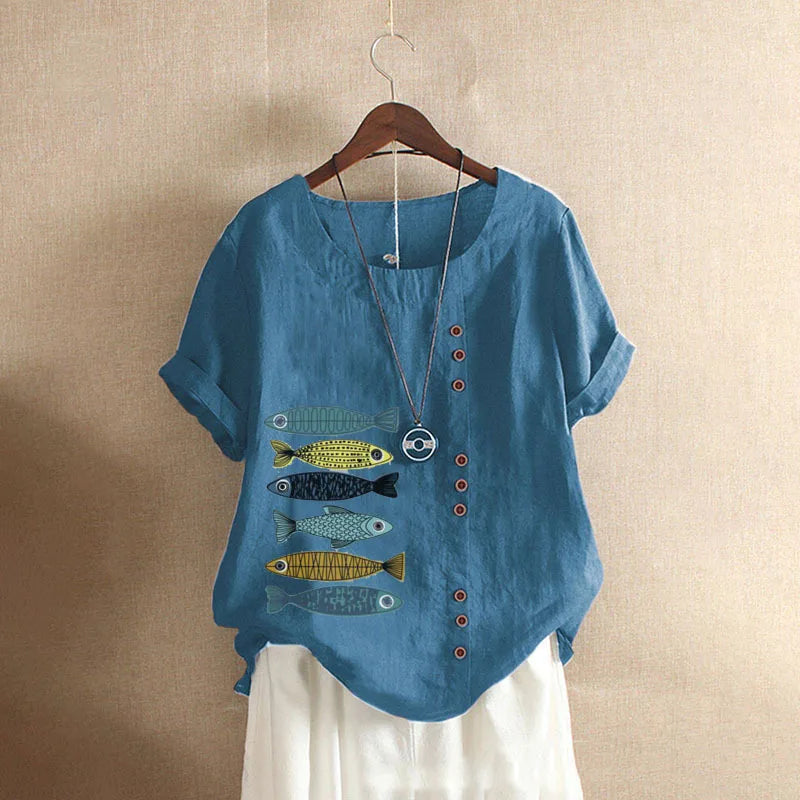 Women Cotton Linen Blouse Shirts Summer O-Neck Short Sleeve Vintage Floral Print Loose Tops WYLP-AL620409060860