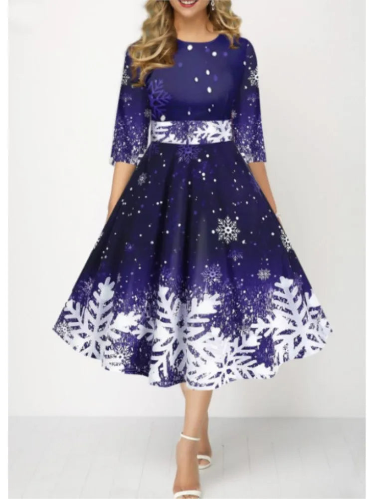 Autumn Winter New Snowflake Digital Print Women's 3/4sleeves Christmas Dress Fashion Waist Elegant Female A Line Christmas Dress