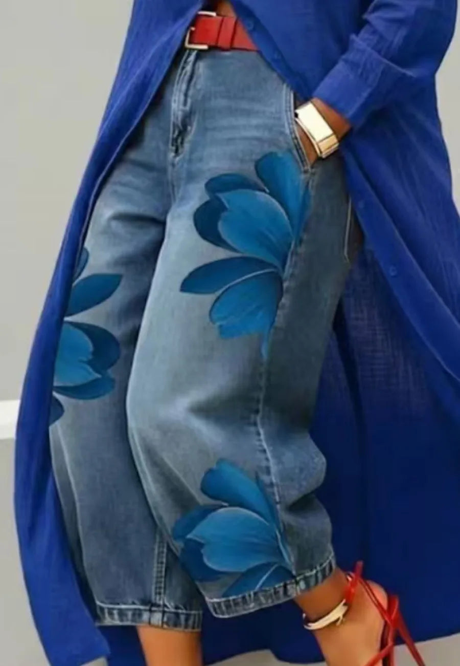 Streetwear Women's Floral Print High Waist Jeans Loose Fit Cropped Wide Leg Denim Pants Casual Trendy Plus Size Trousers