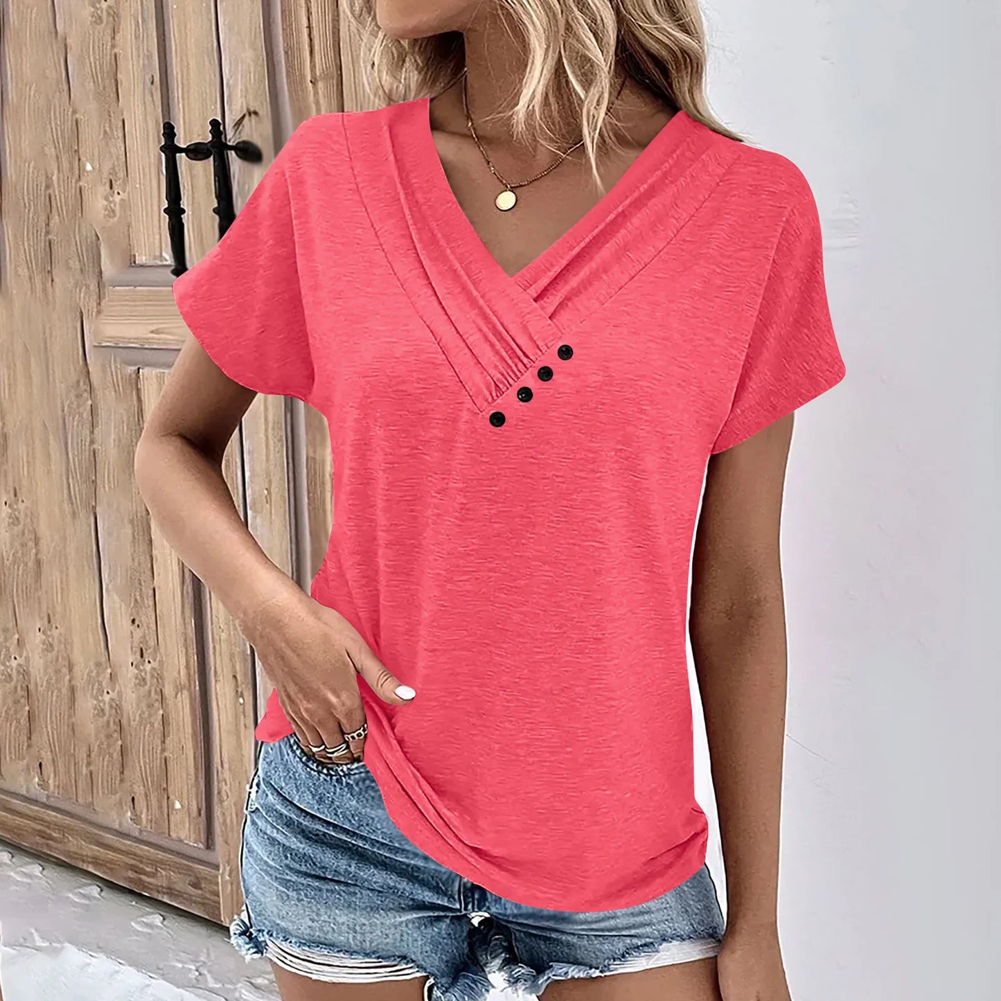 Fashion Women T Shirt Solid Color V Neck Short Sleeve Basic Tops Tee Streetwear Summer Oversized Clothing Female T-Shirts