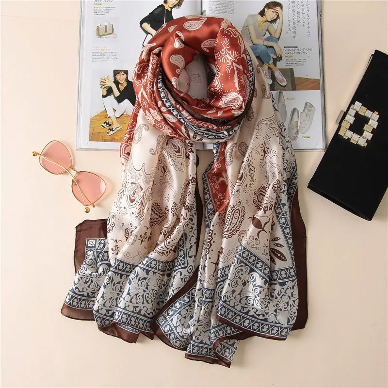Green Peacock Feather Hijab Summer Beach Pareo Silk Scarf Women Luxury Bandana Soft Long Foulard Femme Designer Bufandas Mujer