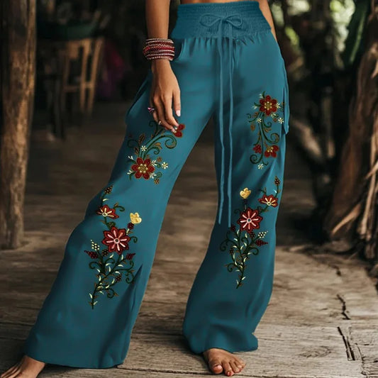 Autumn Fashion Casual Temperament Comfortable and Elegant Plant Print Women's Elastic Waist Pants