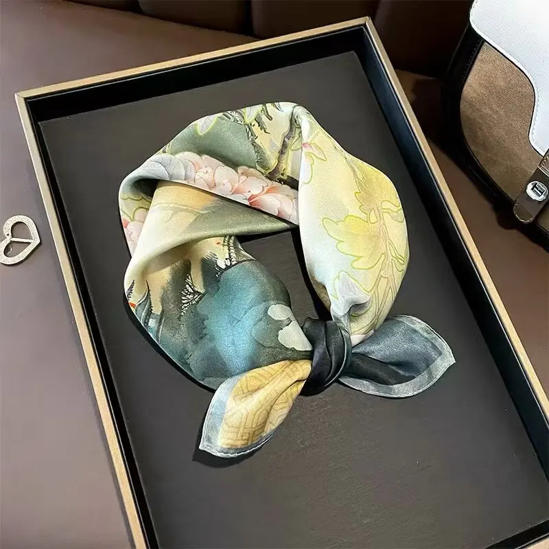 2025 New 100% Pure Silk Scarf Women Neck Hair Foulard Bandana Square Small Headband Hijab Print Poncho Scarves Pashmina