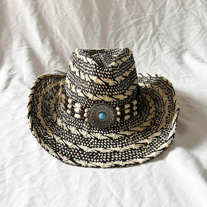 Handmade Color Matching Sun Hat Characteristic Ethnic Style Western Cowboy Straw Hat Black and White Two-color Woven Beach Hat