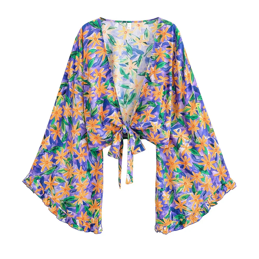 Boho Queens Sun Flower Beach Summer Short Kimono Women 2025 Ruffles Flare Sleeves Vacation Bohemian Bikini Cover-ups