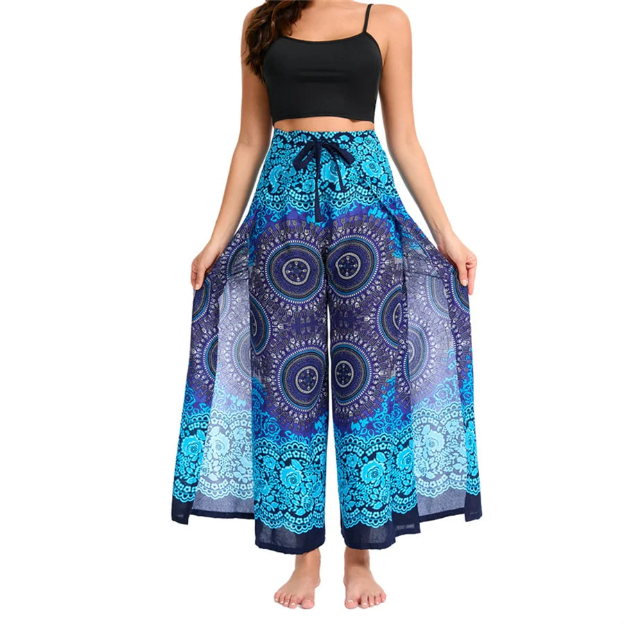 Women's Boho Palazzo Pants Wide Leg Yoga Wrap Tie Up Waistband Beach Cover Up Trousers Rayon Soft Breathable Loose Pants
