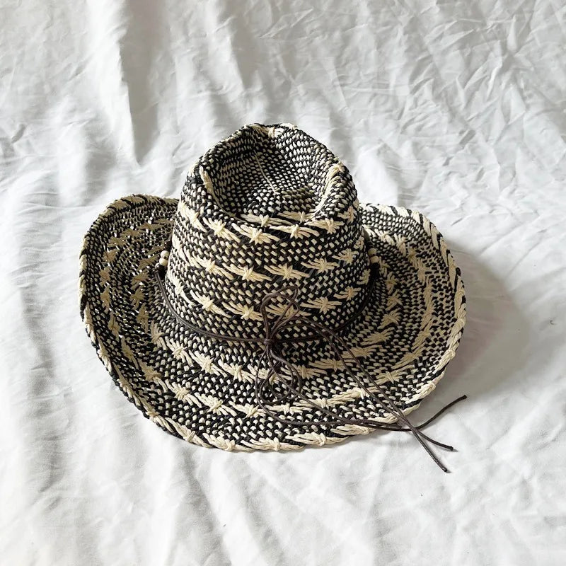 Handmade Color Matching Sun Hat Characteristic Ethnic Style Western Cowboy Straw Hat Black and White Two-color Woven Beach Hat