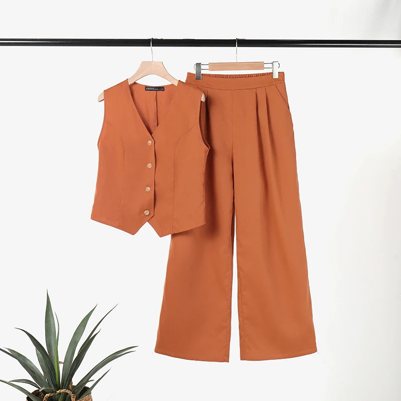 Woman Elegant 2-Piece Pant Sets Casual Vest and Pants Sets Old Money Style Suits 2pcs Outfits Wide Leg Trouser Sets