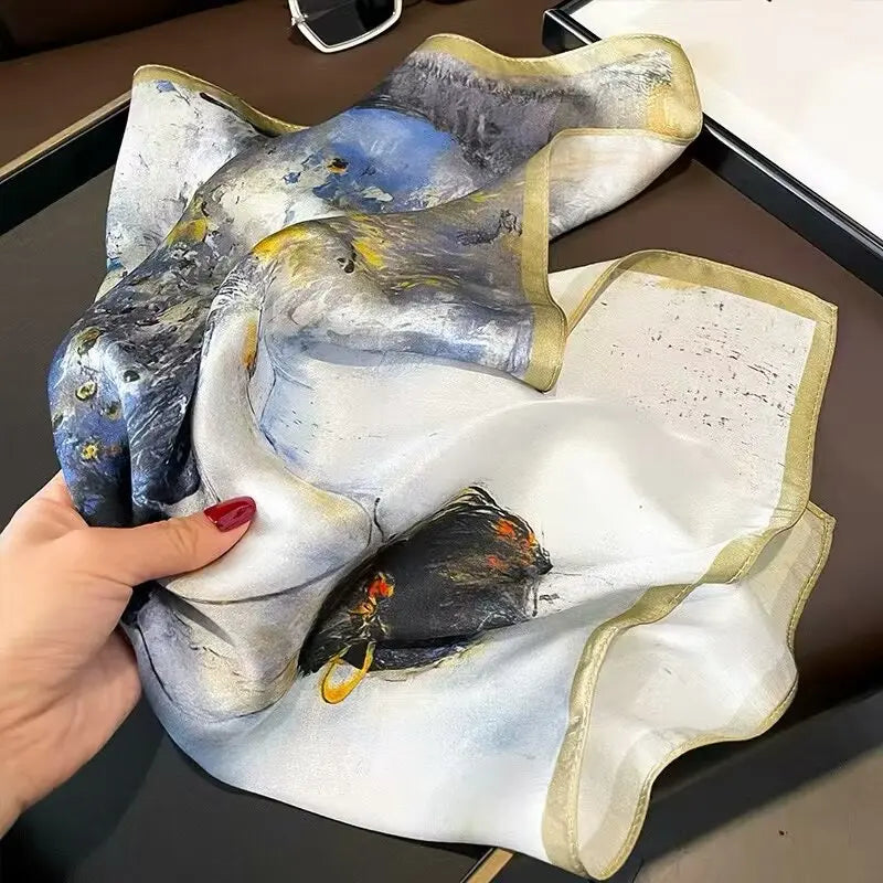 2025 New 100% Pure Silk Scarf Women Neck Hair Foulard Bandana Square Small Headband Hijab Print Poncho Scarves Pashmina