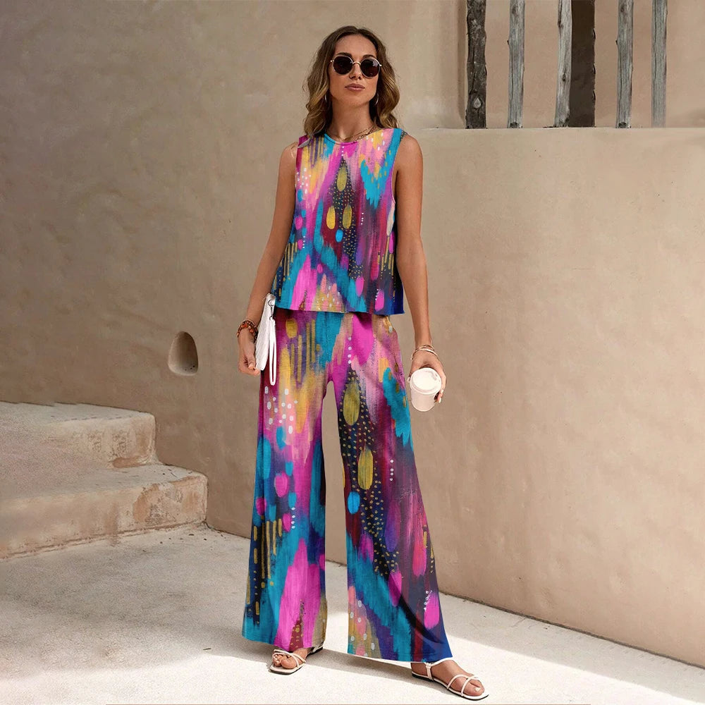 Harajuku Colorful Floral Pattern Print 2 Piece Womens Elegant O Neck Pullover And Straight Leg Pants Set Spring Summer Beach Set