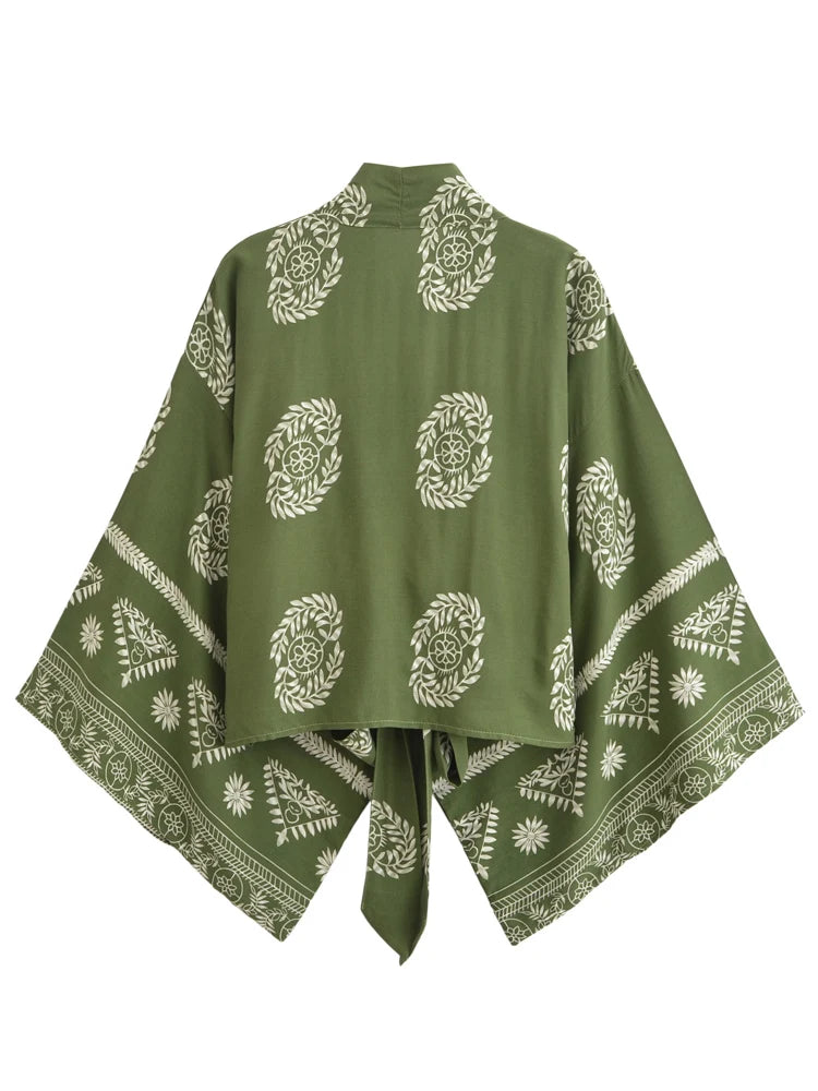 Vintage Women Fashion Boho Kimono Short Robe Swimsuits Floral Print Batwing Sleeves Bohemian Bikini Cover-Ups Beachwear - emogogo