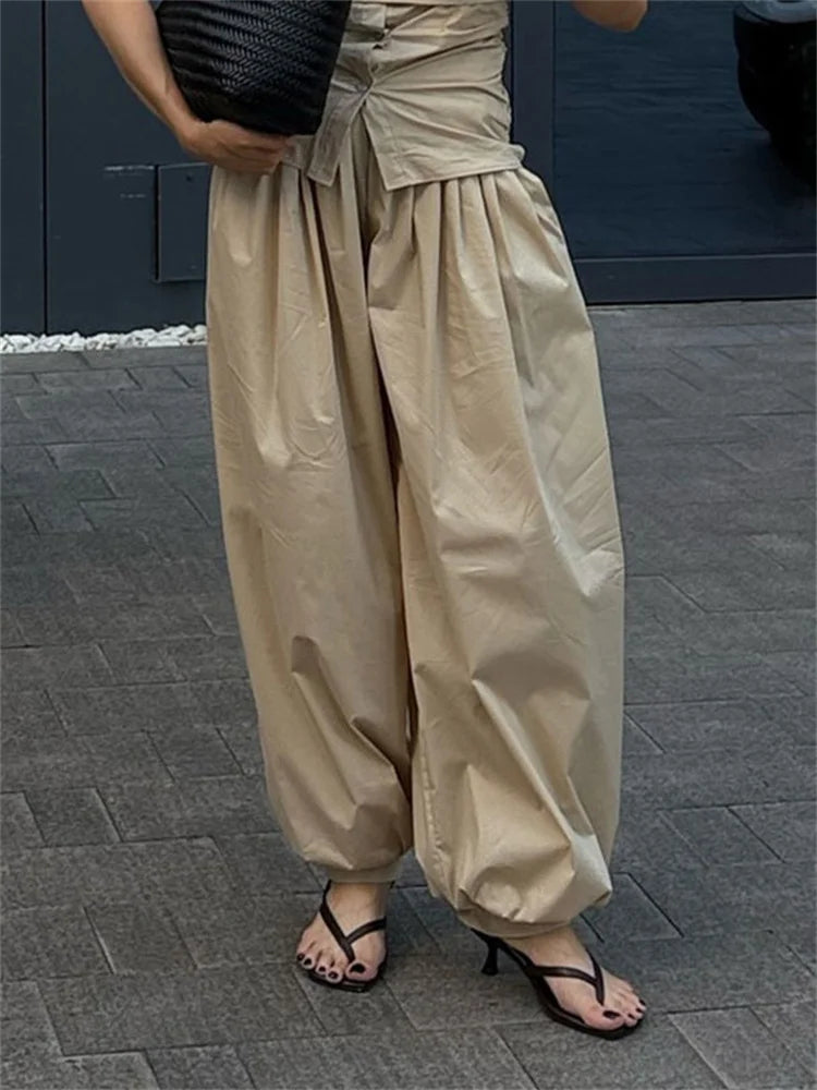 Tossy Summer Fashion Pocket Bloomers Female Trousers Pleated Loose High Waist Patchwork Bandage Streetwear Wide Leg Women Pants