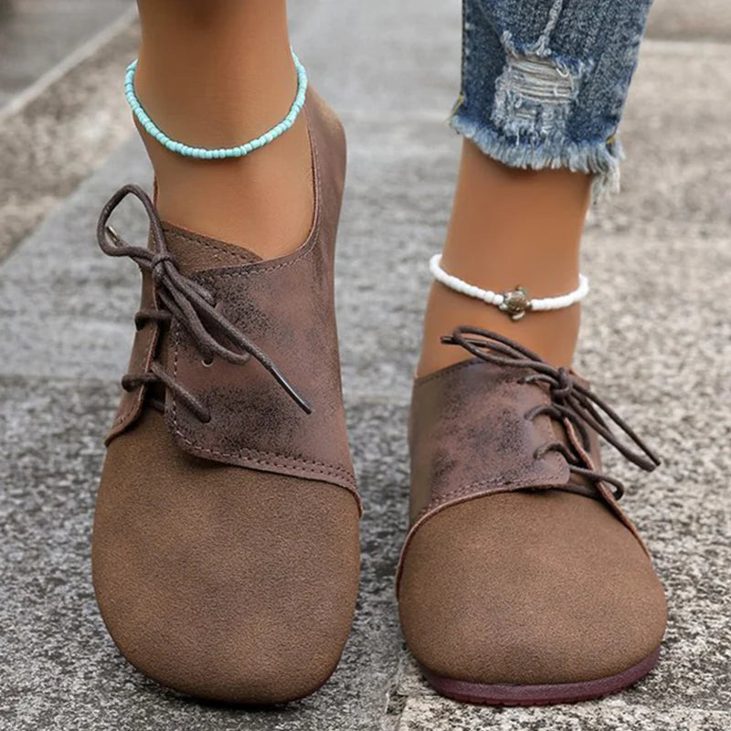 Brown Round Toe Flats Shoes Women 2025 Faux Suede Lace Up Flat Shoes for Woman Plus Size 43 Soft Walking Casual Shoes Female