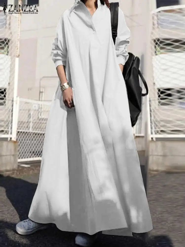Women's Dress Autumn Long Sleeve Shirt Dress Loose Oversized Maxi Kaftan Woman Lapel Solid Half-Button A-line Sundress