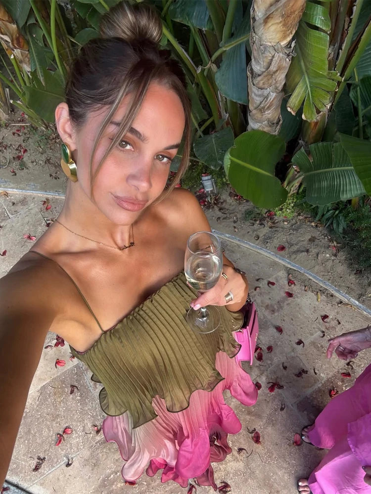 Chic Multicolored Pleated Women Maxi Dress Elegant Spaghetti Strap Ruffle Tiered Flowy Vestidos 2026 Summer Lady Vacation Outfit