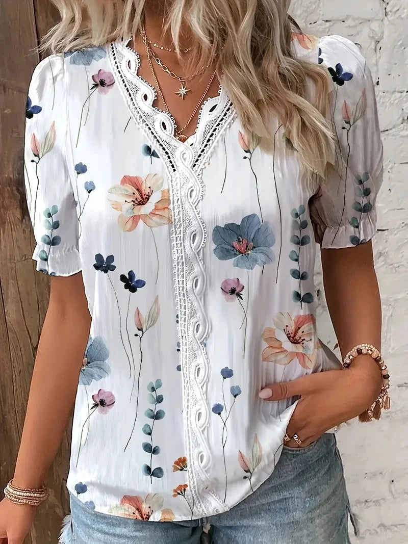 Fashion Casual Vacation Shirt Women Summer V Neck Hollow Out Solid Color Blouse Female Elegant Striped Jacquard Casual Tops