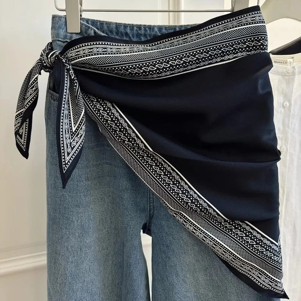 New Multi-functional Floral Triangle Scarf Matching Pants Silk Satin Waist Belt Women's Necktie Summer