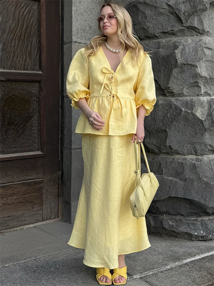 Tossy Summer Ruffled 2 Piece-Set Maxi Skirt For Women V-Neck Lace-Up Short Sleeve Shirts Top And Slim High Waist Long Skirt Sets