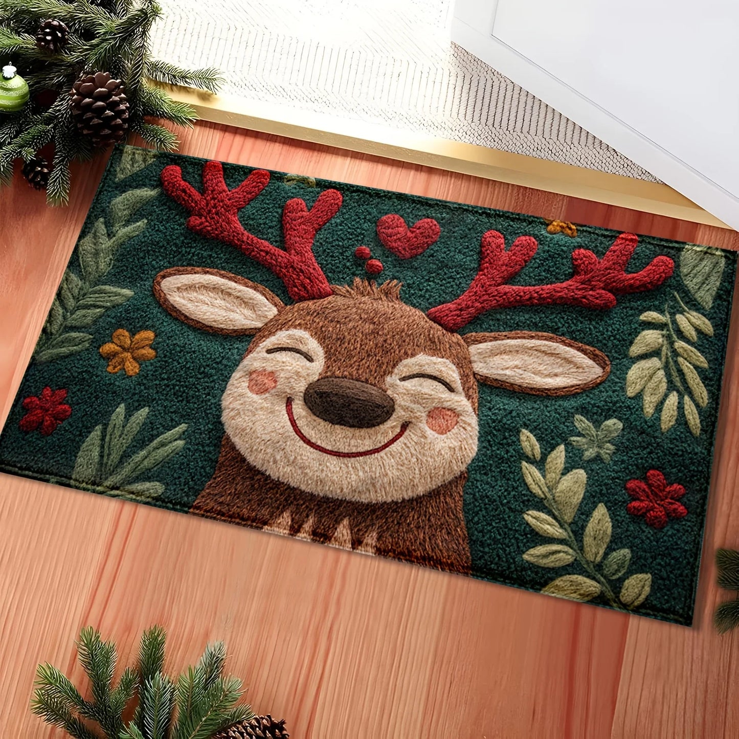 1pc Fluffy Christmas Deer Microfiber Bath Mat - Quick-Dry & Absorbent, Festive Holiday Design with Red Berries & Green Leaves