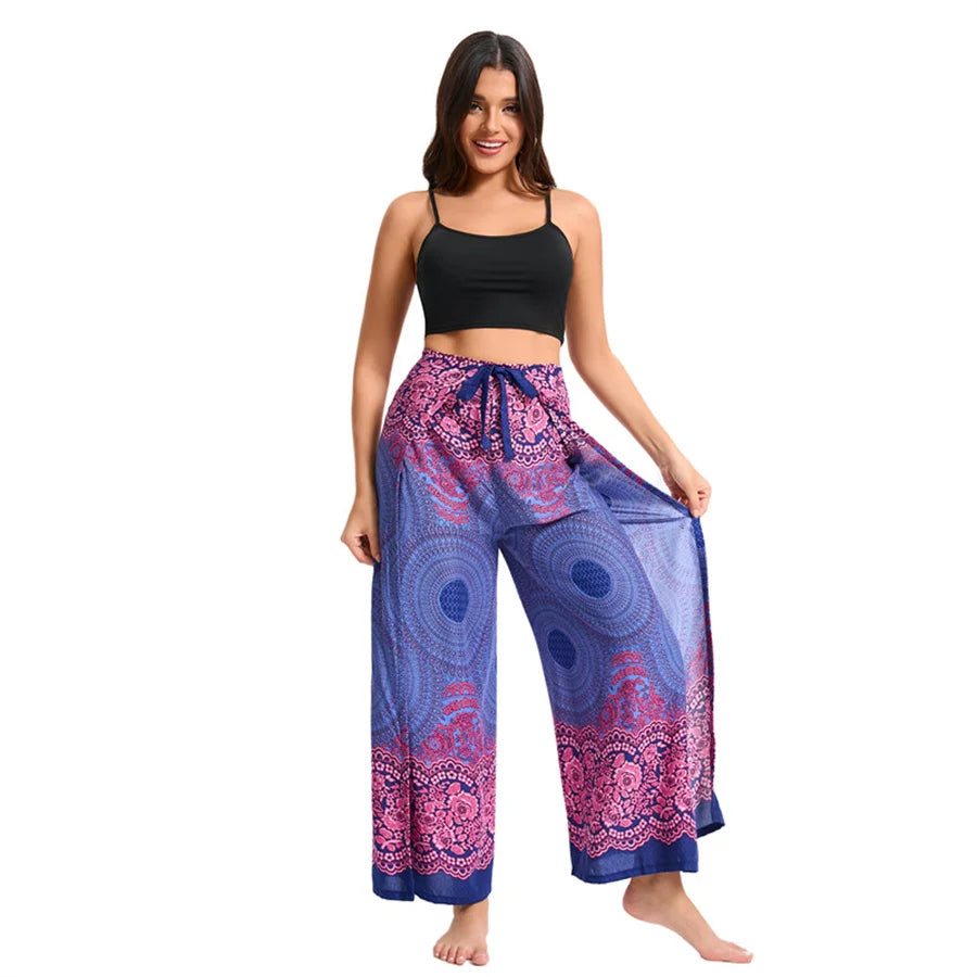 Women's Boho Palazzo Pants Wide Leg Yoga Wrap Tie Up Waistband Beach Cover Up Trousers Rayon Soft Breathable Loose Pants