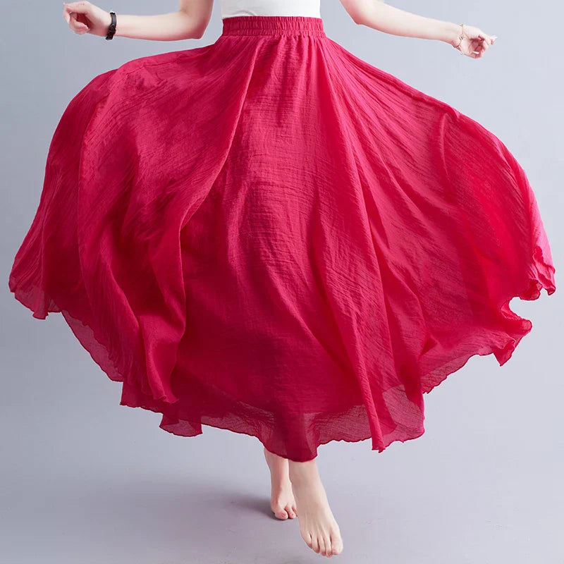 Boho Cotton Linen Beach Long Skirt Women Vintage Casual Solid A-line High Waist Dance Floor-Length Maxi Skirt Spring Summer New