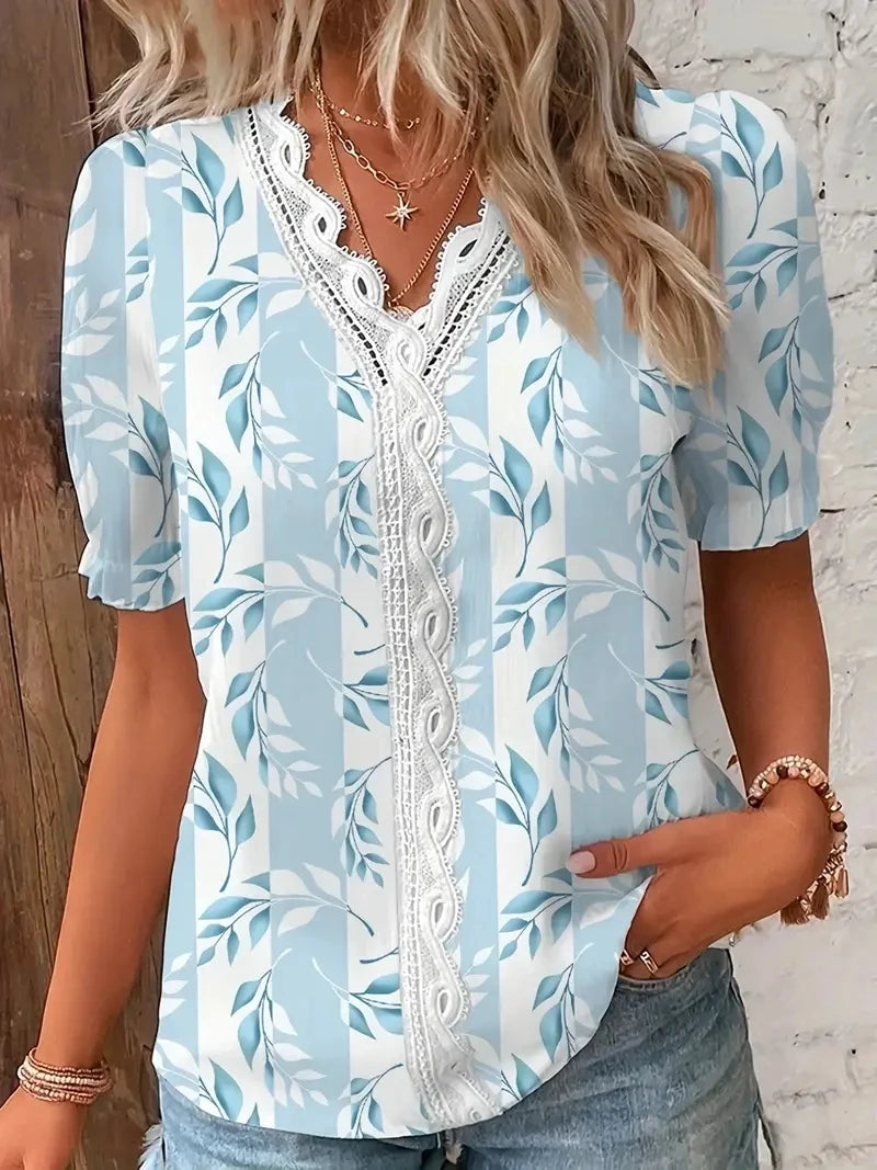Fashion Casual Vacation Shirt Women Summer V Neck Hollow Out Solid Color Blouse Female Elegant Striped Jacquard Casual Tops