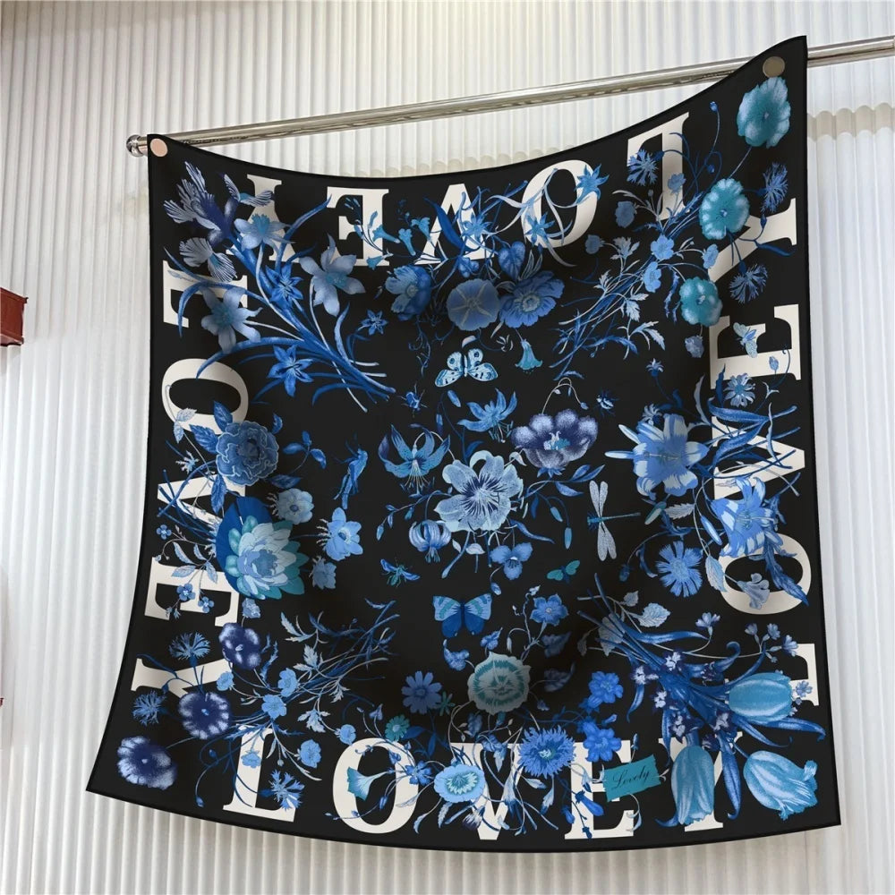 Silk Scarf Women Floral Printed Square Scarves Head Echarpes Silk Foulards Femme Wraps Beach Shawls Bandana Lady Hijabs 90CM