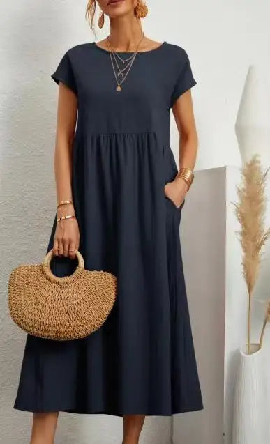 Women Vintage Solid Dress Summer Elegant O Neck Short Sleeve Cotton Linen Dresses Female Casual Loose Sundress Long Dress