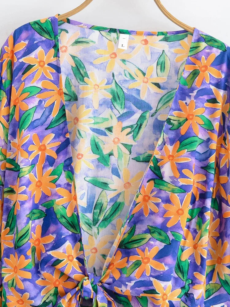 Boho Queens Sun Flower Beach Summer Short Kimono Women 2025 Ruffles Flare Sleeves Vacation Bohemian Bikini Cover-ups