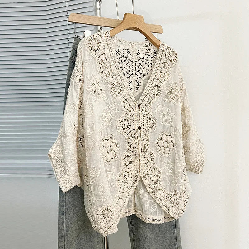 Boho Crochet Cardigan - Romantic Floral & Geometric Lace Cover-Up For Vacation & Daily Wear | Lightweight V-Neck Button-Up Knit