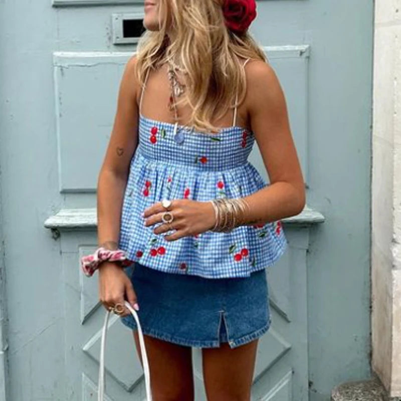 Fairycore Backless Tie Up Crop Tops Cherry Plaid Print Peplum Camisole Summer Holiday Sweet Cute Milkmaid Tank Vest Y2K Clothes