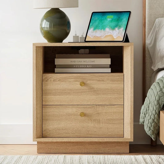 Nightstand Charging Station, Mid Century Modern Nightstand Wood Grain Texture, Boho End Table  Drawers Storage