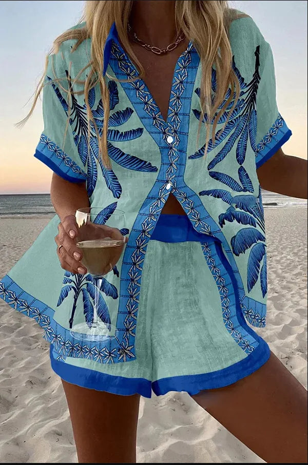 Fashion Print Beach Holiday 2-Piece Set Women Summer Short Sleeve Shirt Top + Wide Legs Short Women's Oversized Two-Piece Outfit