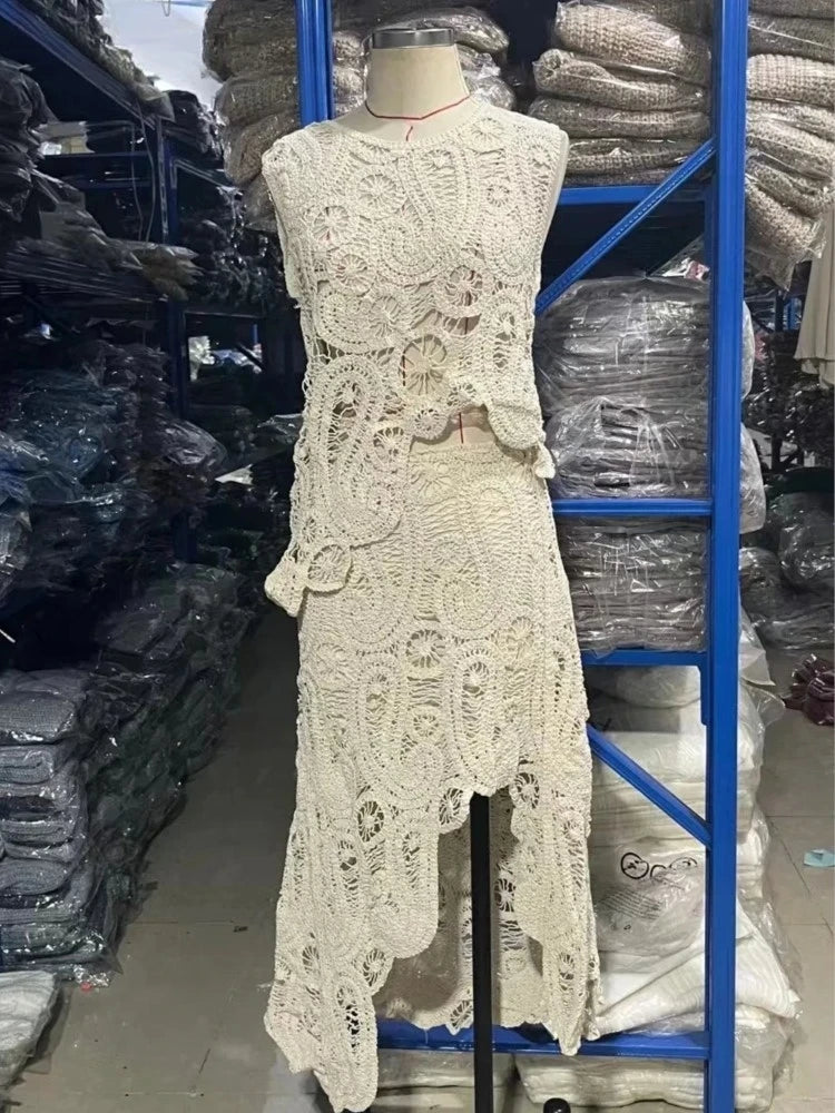 Knitted Irregular Top & Skirts Set Woman 2025 Summer New Sexy Sleeveless Tank Top High Waist Skirts Elegant Chic Outfit