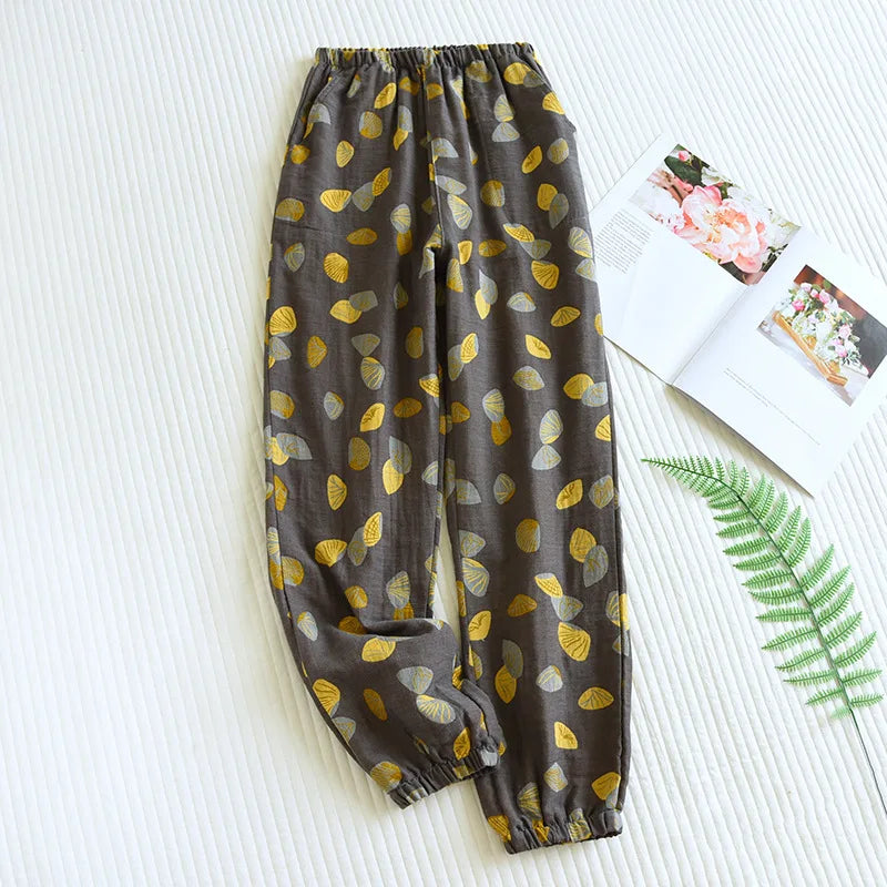 2025 New Spring Summer Women's Pajamas 100% Cotton Crepe Pants Women's Comfortable Loose Large Leaf Home Pants Thin bottoms