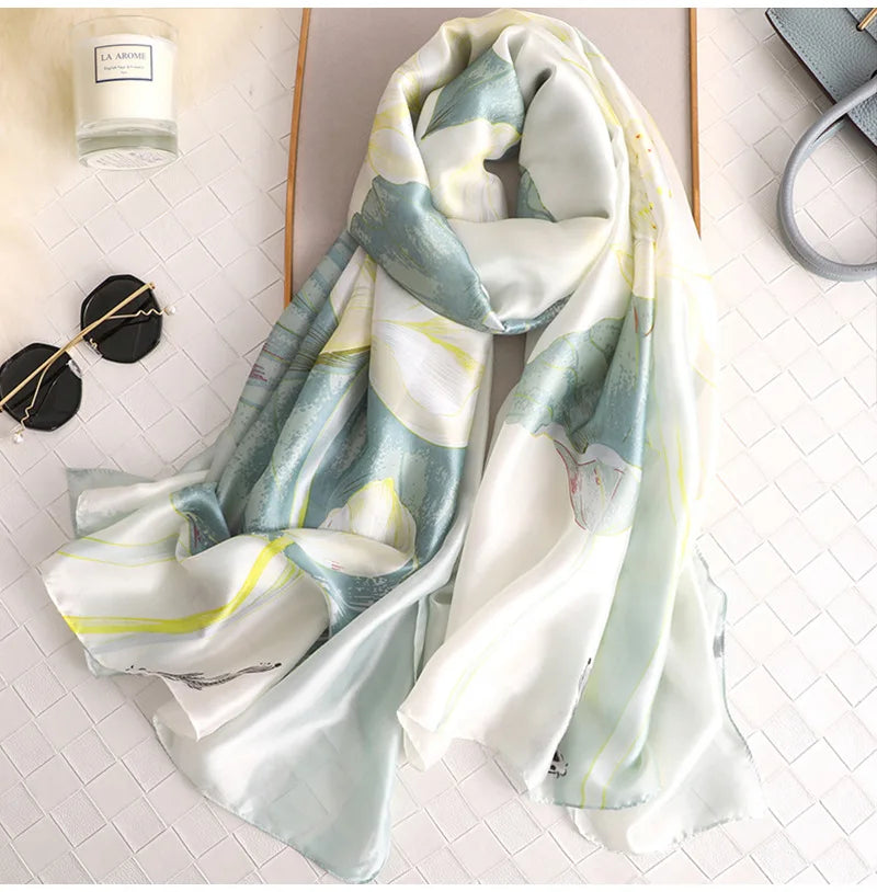 Green Peacock Feather Hijab Summer Beach Pareo Silk Scarf Women Luxury Bandana Soft Long Foulard Femme Designer Bufandas Mujer