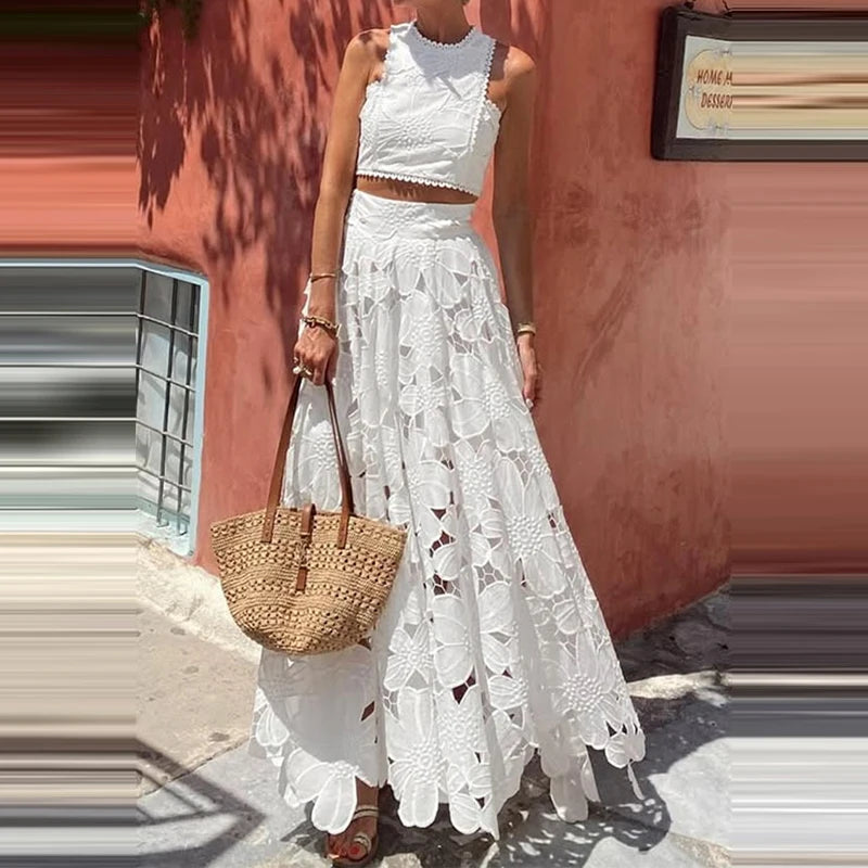 Spring Summer Holiday Boho Outfit Women Sexy O Neck Sleeveless Crop Top & Maxi Skirts Set 2025 Fashion Embroidery Lace 2pcs Suit