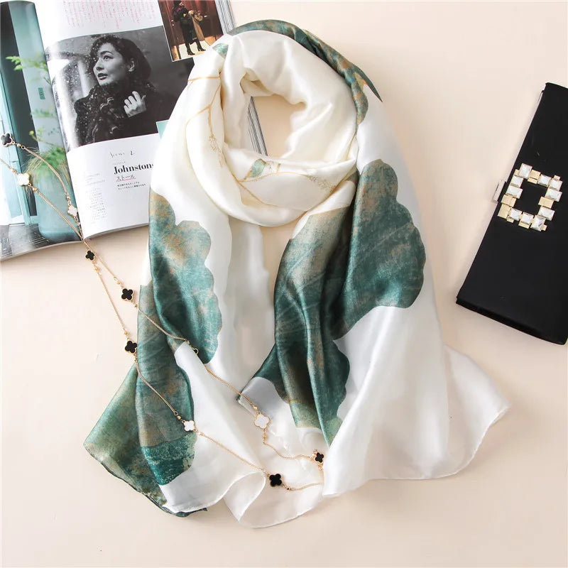 Green Peacock Feather Hijab Summer Beach Pareo Silk Scarf Women Luxury Bandana Soft Long Foulard Femme Designer Bufandas Mujer