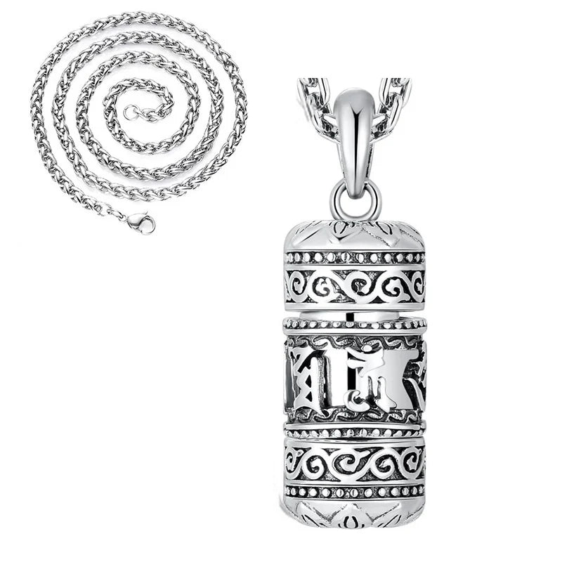 Silver Six Character True Word Pendant Can Open The Gawu Box Necklace for Men and Women Chinese Style Jewelry Rotatable