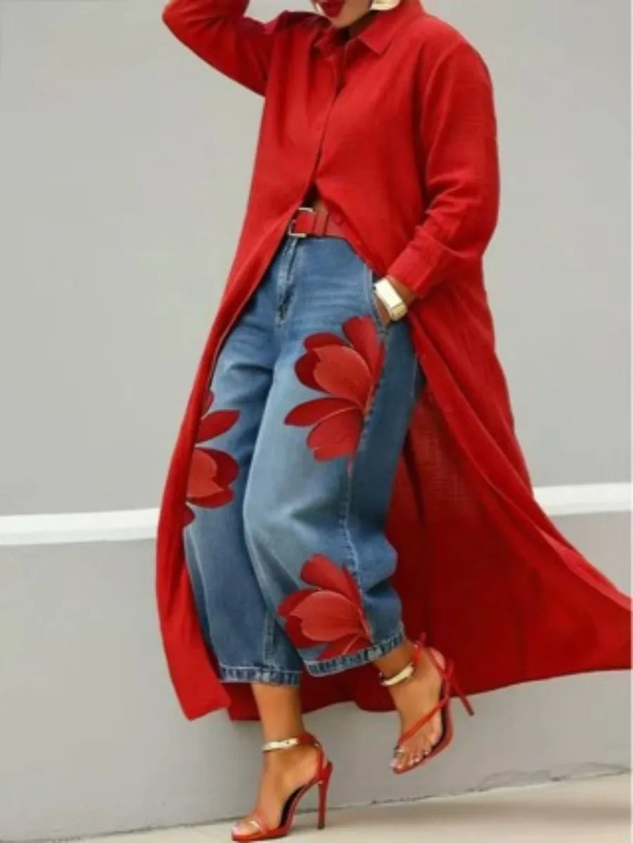 Streetwear Women's Floral Print High Waist Jeans Loose Fit Cropped Wide Leg Denim Pants Casual Trendy Plus Size Trousers