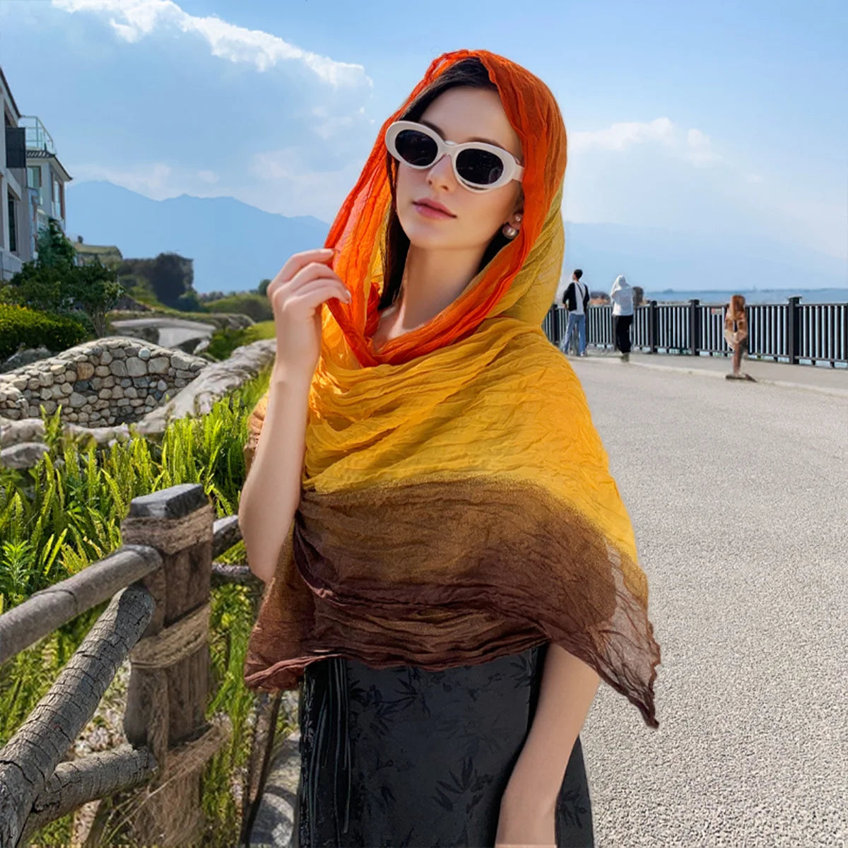 Women's Gradient Color Linen Scarf for Travel Fashionable Versatile Casual Windproof Sand Proof Headscarf Women's Shawl