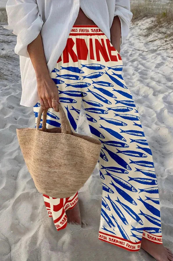 Ladies Beach Pants High Quality Pure Cotton Fabric Blue Fish Graphic Printing Chic Trend Fashion New Loose Wide Leg Trousers