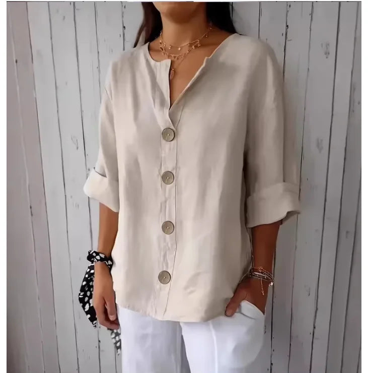 Summer Loose Shirt Women's V-Neck Button Top Casual Shirts Solid Fashion Elegant Office Women Clothing Blouse