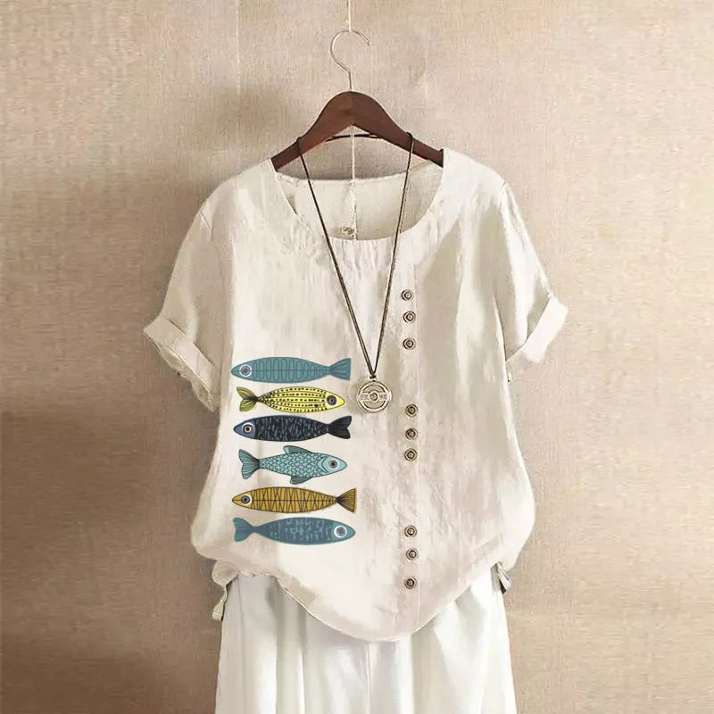 Women Cotton Linen Blouse Shirts Summer O-Neck Short Sleeve Vintage Floral Print Loose Tops WYLP-AL620409060860