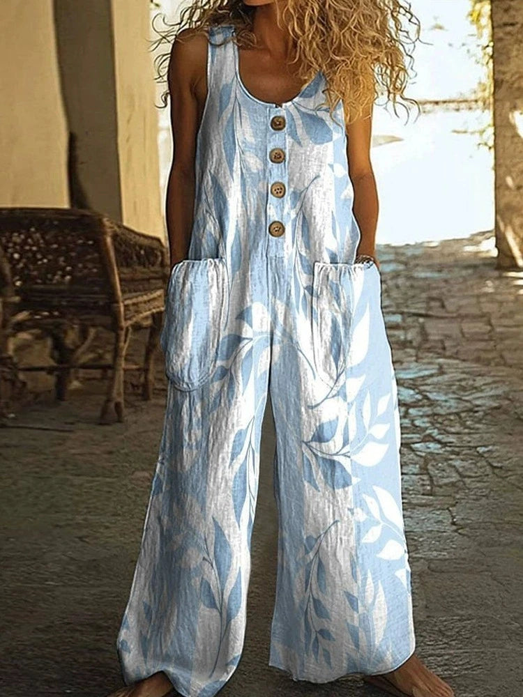 Vintage Print Buttons Sleeveless Jumpsuits Women Summer New Fashion Temperament Loose Wide Legs Jumpsuit Lady Commuting Clothing