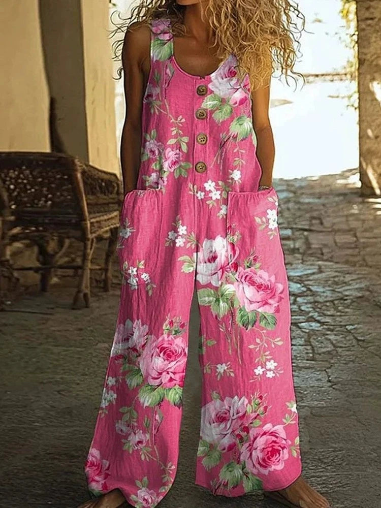 Vintage Print Buttons Sleeveless Jumpsuits Women Summer New Fashion Temperament Loose Wide Legs Jumpsuit Lady Commuting Clothing